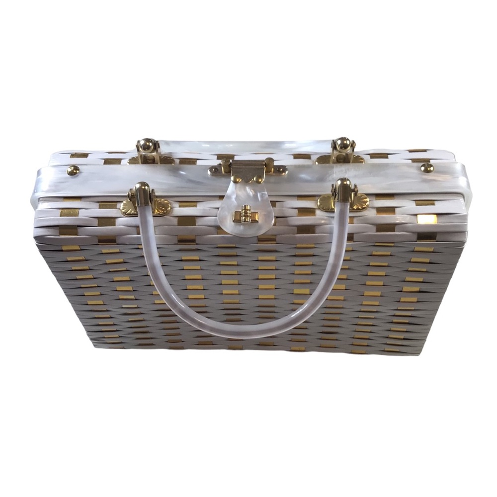 1950s/60s White & Gold Handmade Basket Weave Purse with Lucite Handles